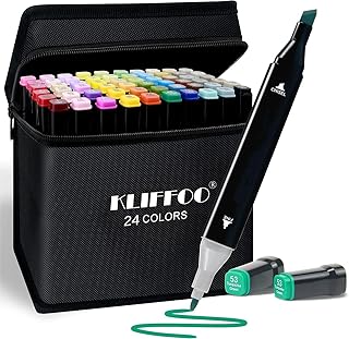 KLIFFOO Dual Tip Colorful Art Markers 24 Colors Sketch Pens With Carry Bag For Painting Sketching Calligraphy Drawing,Chisel & Fine Tip Water Based Colouring Marker For Kids & Adult,Multicolor (24)