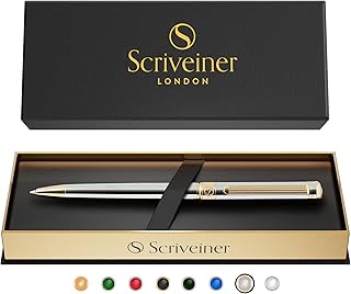 Scriveiner Silver Chrome Ballpoint Pen – Stunning Award-Winning Luxury Pen, Schmidt Black Refill, Best Ball Pen Gift Set for Men & Women, Professional Executive Office, Nice Fancy Designer Pens