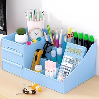Shuttle Art Desk Organiser | ABS Plastic Table Organiser with 7 Compartments & 2 Drawers | Multifunctional Pen Stand for Table & Stationery Storage for Office, Home & Study Desk (Blue)