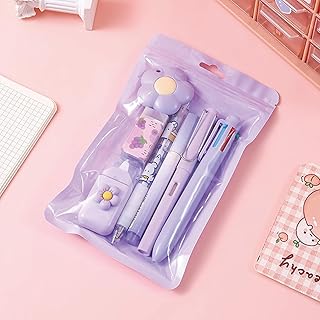 SAMVARDHAN 7 Pcs Cute Purple Stationery Set Kawaii School Supplies Office Supplies Including Ballpoint Pens Pencil Sharpener Highlighter Correction Tape Ruler Utility Knife (Purple)